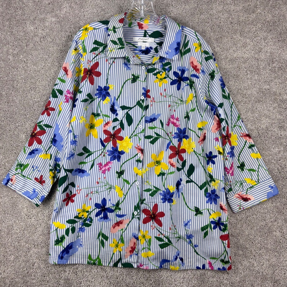 Foxcroft NYC 16W Shaped Wrinkle Free Cotton Floral Striped Button Down Shirt